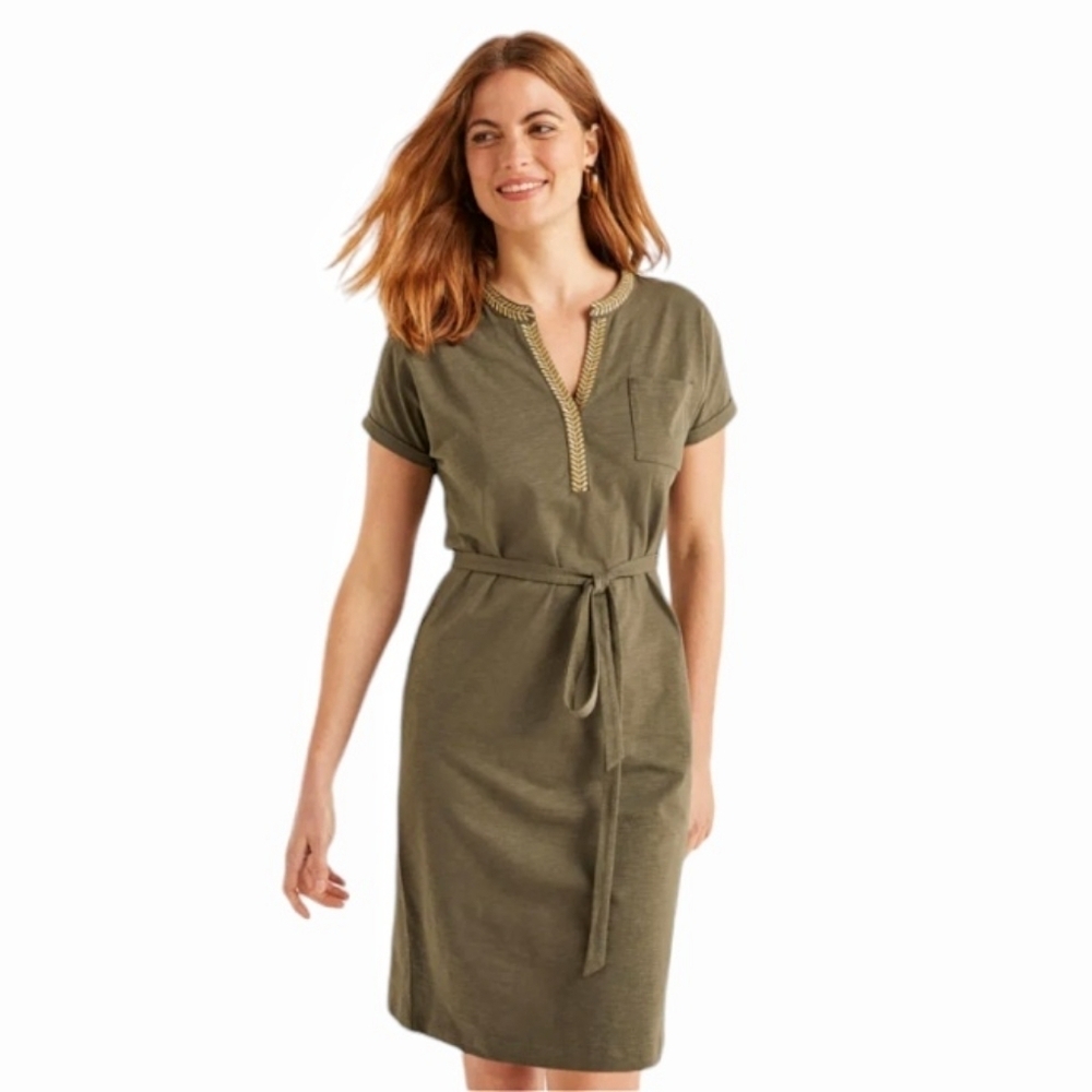 Boden Olive Green Short Sleeve Belted Midi Dress with Contrast Trim